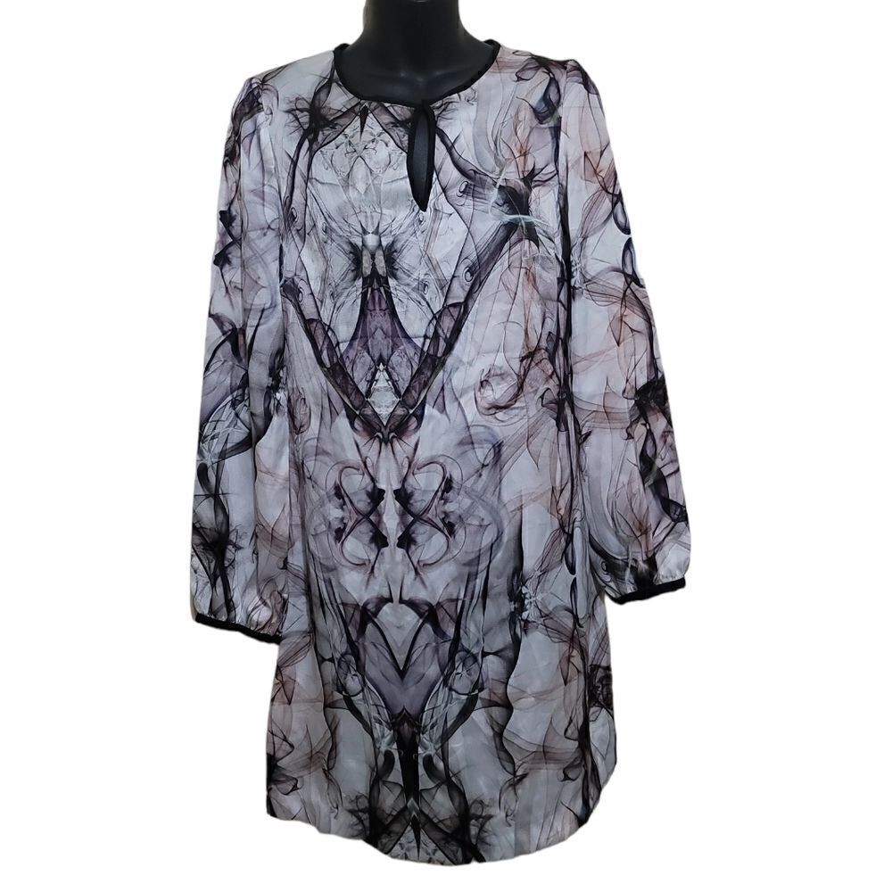 Zara Abstract Print Sheath Dress black Cream Pink Mini Long Sleeves Sz Small